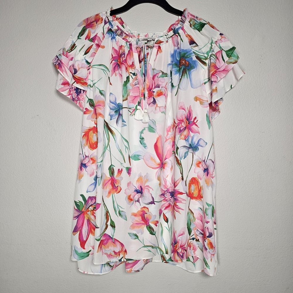 Rose and Olive Top Womens 1X White Pink Floral Lightweight Ruffle Peasant Nature